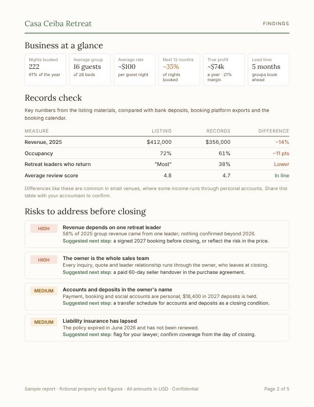 Page 2 of the sample report: Findings