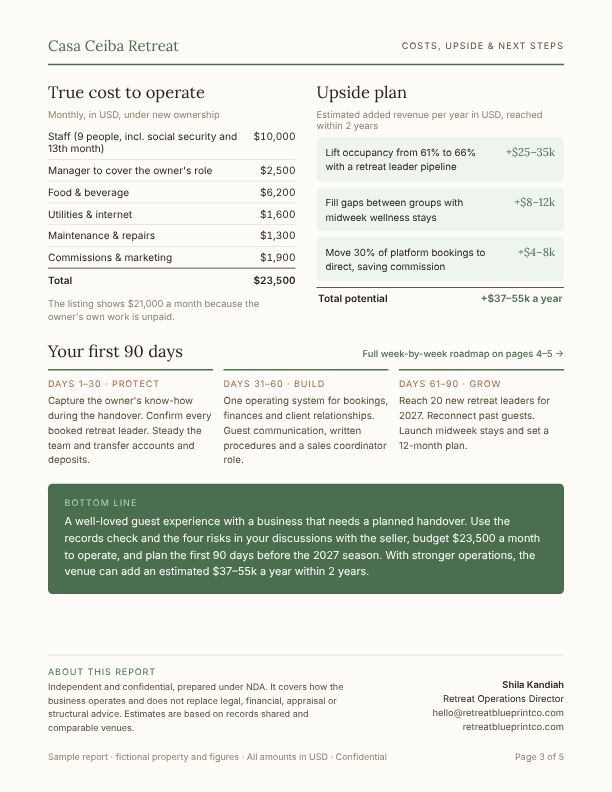 Page 3 of the sample report: Costs & upside